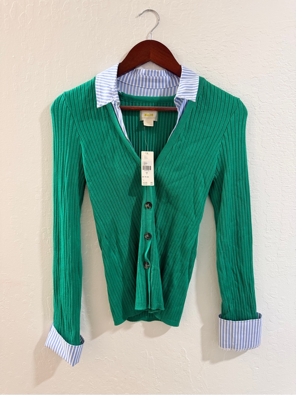 Maeve Green Ribbed Button-Up Sweater with Stripe Collar